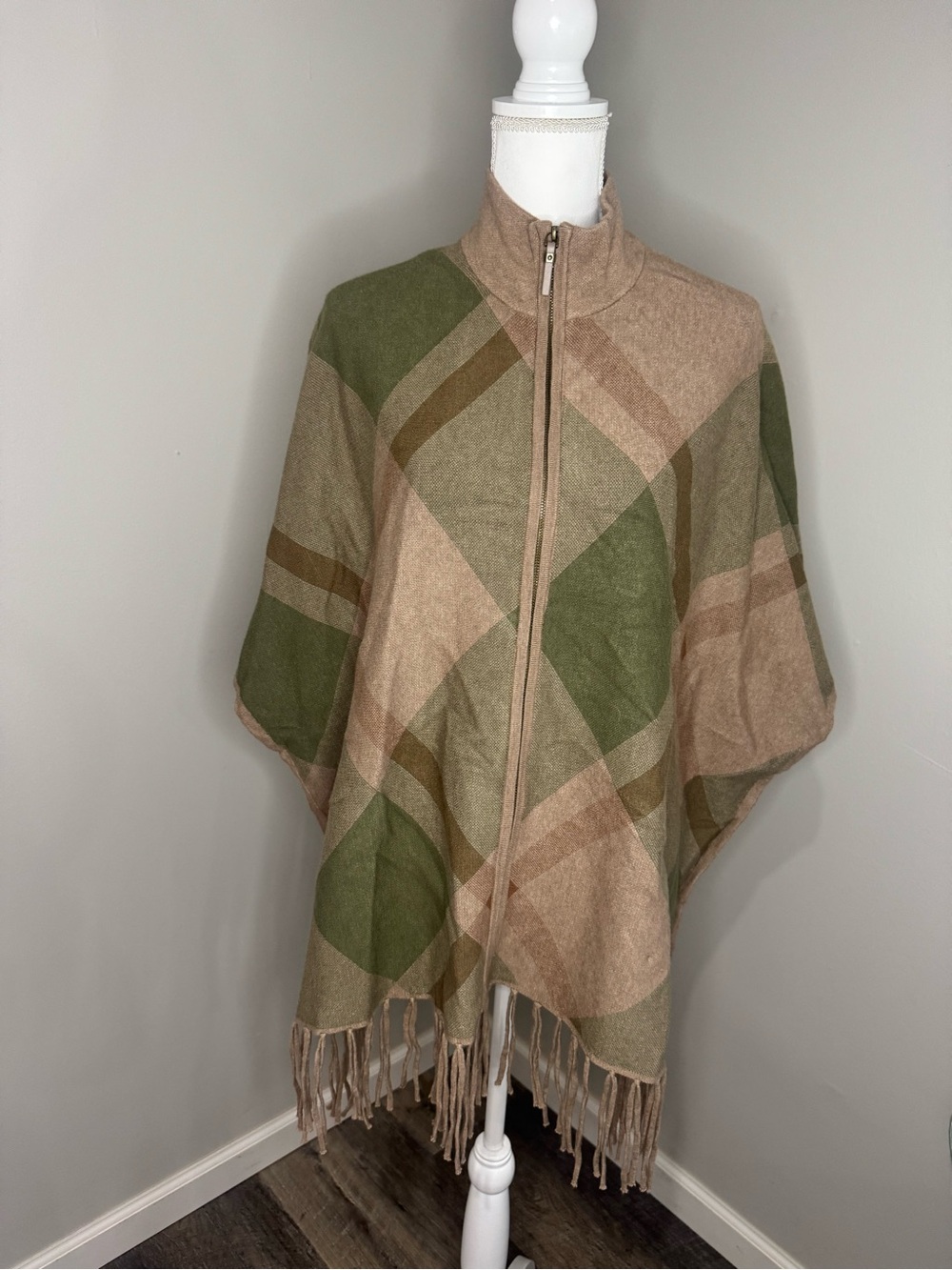 Rachel Zoe Olive Green and Tan Fringe Zip-Front Poncho